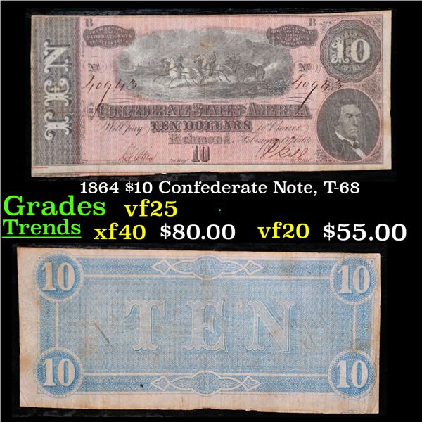 1864 $10 Confederate Note, T-68 Grades vf+