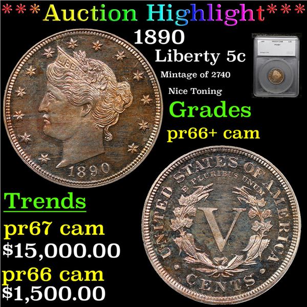 Proof ***Auction Highlight*** 1890 Liberty Nickel 5c Graded pr66+ cam By SEGS (fc)