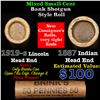 Image 1 : Mixed small cents 1c orig shotgun roll, 1919-s Wheat Cent, 1887 Indian Cent other end, Brinks Wrappe