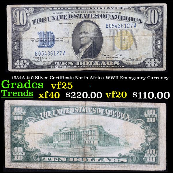 1934A $10 Silver Certificate North Africa WWII Emergency Currency Grades vf+