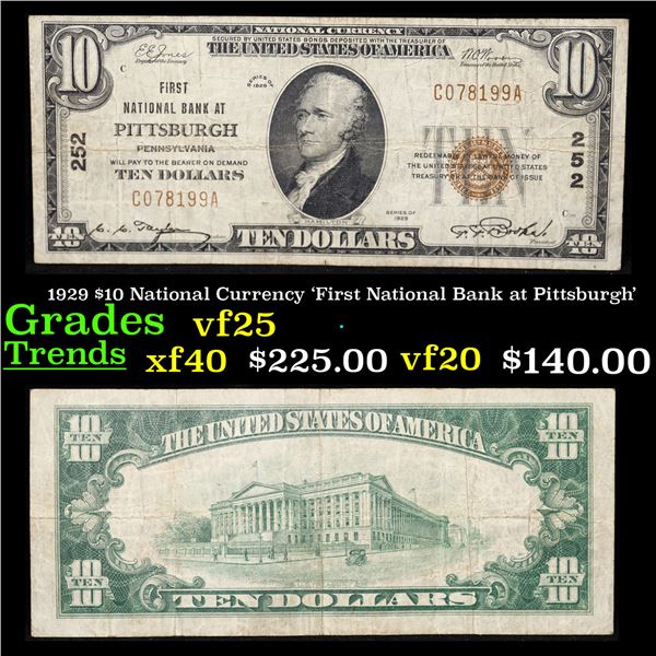1929 $10 National Currency 'First National Bank at Pittsburgh' Grades vf+