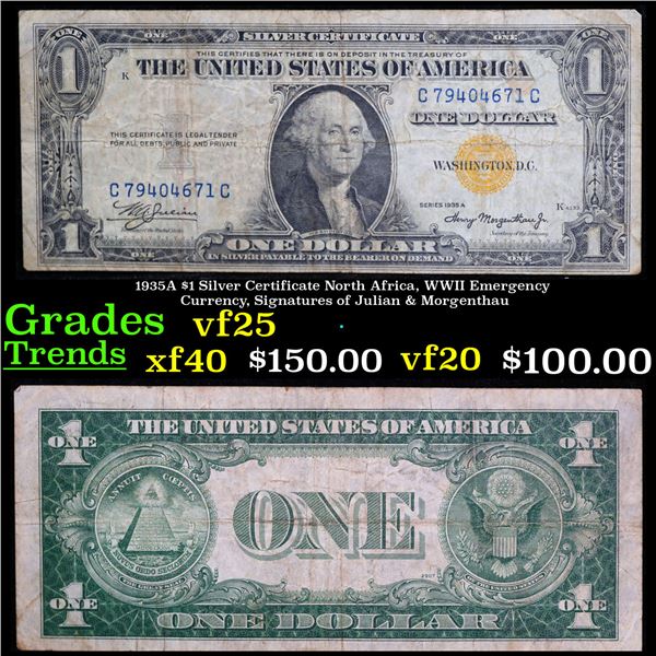 1935A $1 Silver Certificate North Africa, WWII Emergency Currency, Signatures of Julian & Morgenthau