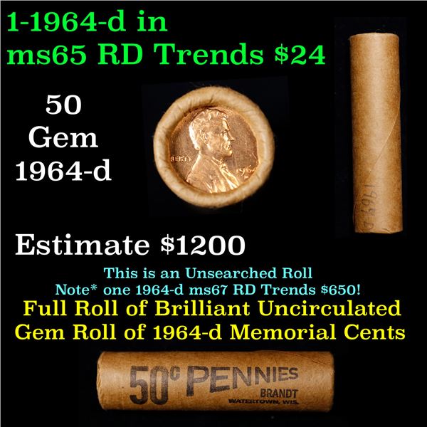 Shotgun Lincoln 1c roll, 1964-d 50 pcs Brandt Wrapper.