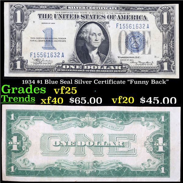 1934 $1 Blue Seal Silver Certificate "Funny Back" Grades vf+
