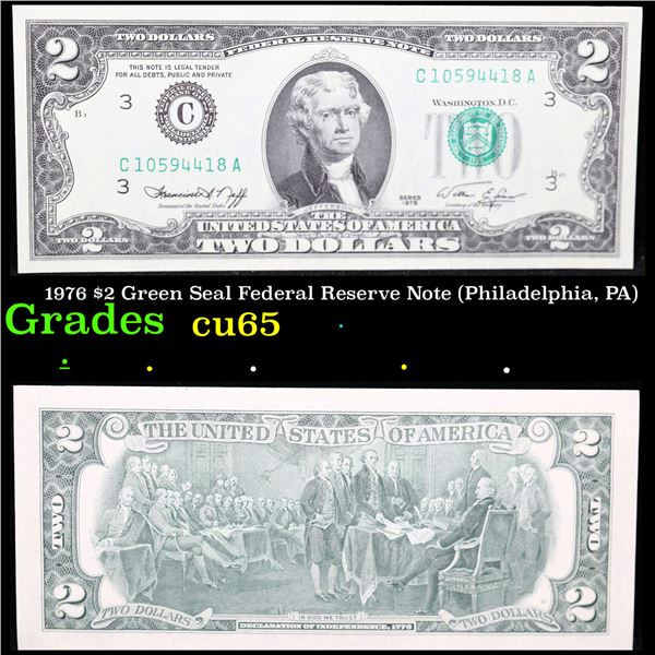1976 $2 Green Seal Federal Reserve Note (Philadelphia, PA) Grades Gem CU