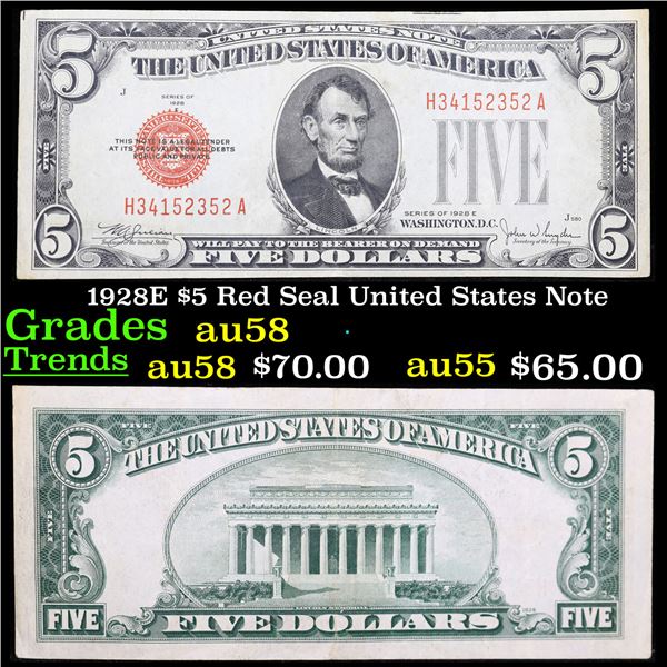 1928E $5 Red Seal United States Note Grades Choice AU/BU Slider