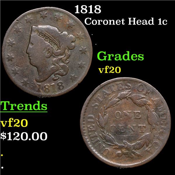 1818 Coronet Head Large Cent 1c Grades vf, very fine
