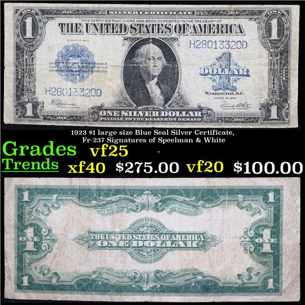 1923 $1 large size Blue Seal Silver Certificate, Fr-237 Signatures of Speelman & White Grades vf+