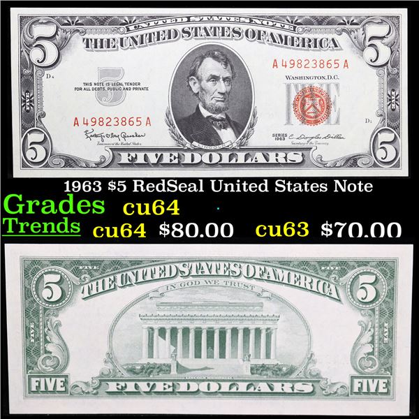 1963 $5 RedSeal United States Note Grades Choice CU