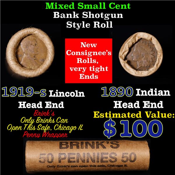 Mixed small cents 1c orig shotgun roll, 1919-s Wheat Cent, 1890 Indian Cent other end, Brinks Wrappe
