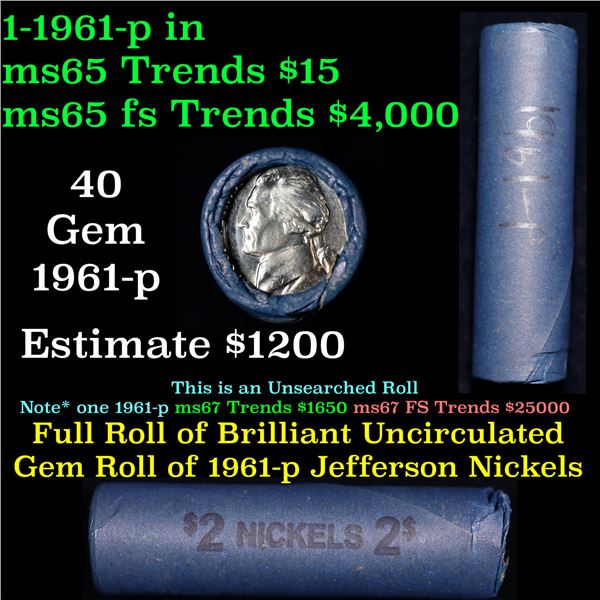 Shotgun Jefferson 5c roll, 1961-p 50 pcs Vintage Nickel Wrapper.
