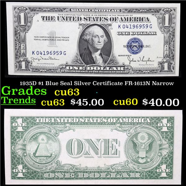 1935D $1 Blue Seal Silver Certificate FR-1613N Narrow Grades Select CU