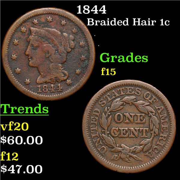 1844 Braided Hair Large Cent 1c Grades f+