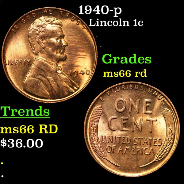 1940-p Lincoln Cent 1c Grades GEM+ Unc RD