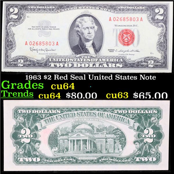 1963 $2 Red Seal United States Note Grades Choice CU