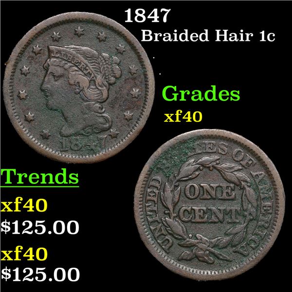 1847 Braided Hair Large Cent 1c Grades xf