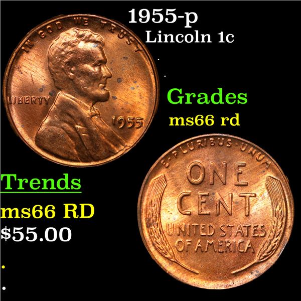 1955-p Lincoln Cent 1c Grades GEM+ Unc RD