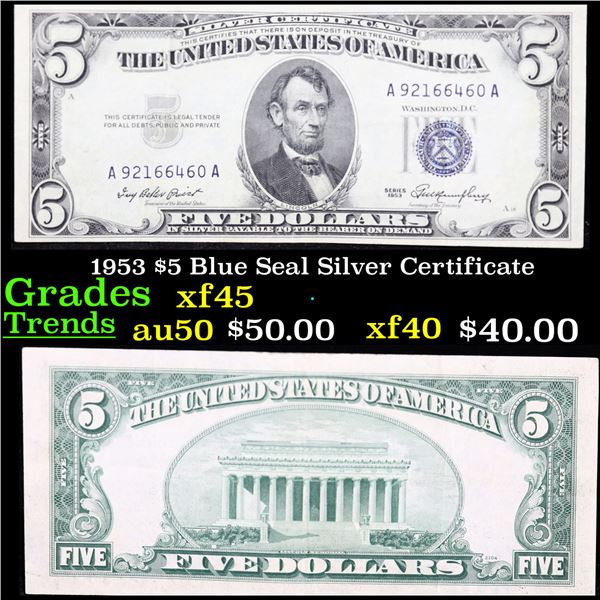 1953 $5 Blue Seal Silver Certificate Grades xf+