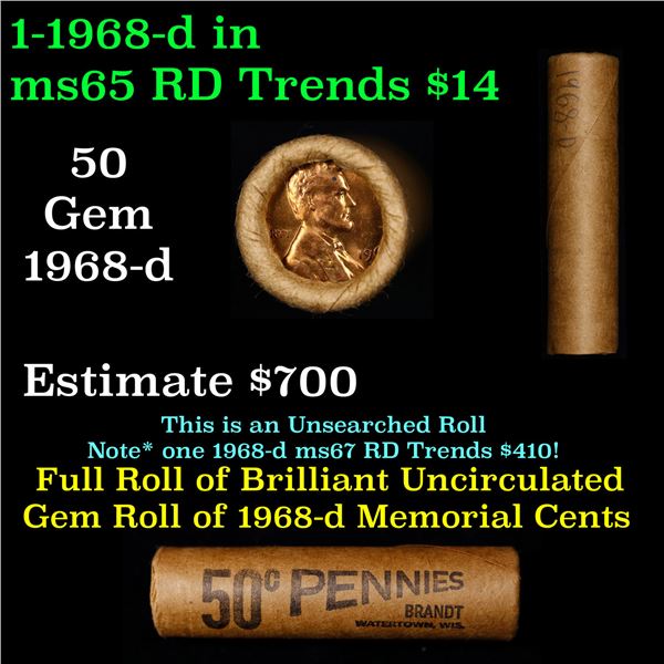 Shotgun Lincoln 1c roll, 1968-d 50 pcs Brandt Wrapper.