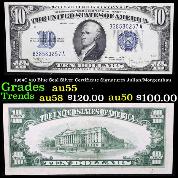 1934C $10 Blue Seal Silver Certificate Signatures Julian/Morgenthau Grades Choice AU
