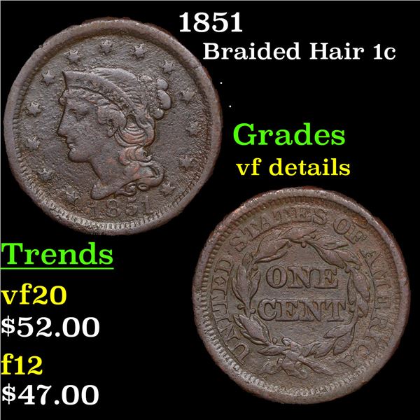 1851 Braided Hair Large Cent 1c Grades vf details