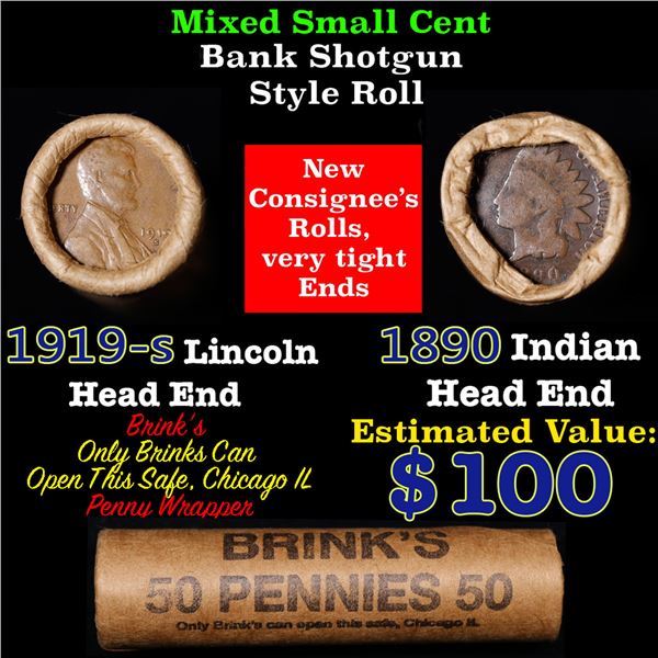 Mixed small cents 1c orig shotgun roll, 1919-s Wheat Cent, 1890 Indian Cent other end, Brinks Wrappe