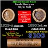 Image 1 : Mixed small cents 1c orig shotgun roll, 1919-s Wheat Cent, 1890 Indian Cent other end, Brinks Wrappe