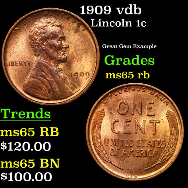 1909 vdb Lincoln Cent 1c Grades GEM Unc RB