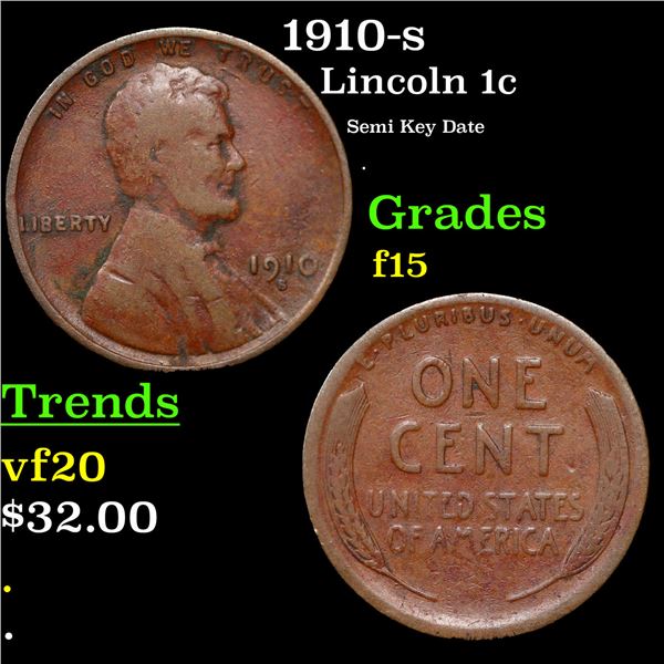 1910-s Lincoln Cent 1c Grades f+
