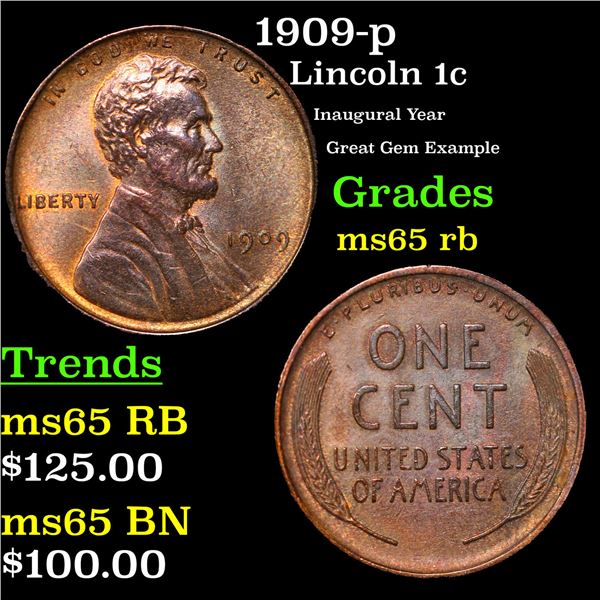 1909-p Lincoln Cent 1c Grades GEM Unc RB