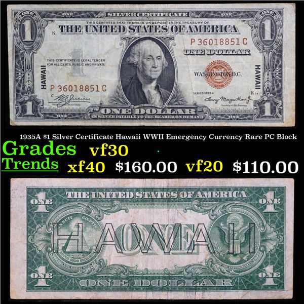 1935A $1 Silver Certificate Hawaii WWII Emergency Currency Rare PC Block Grades vf++