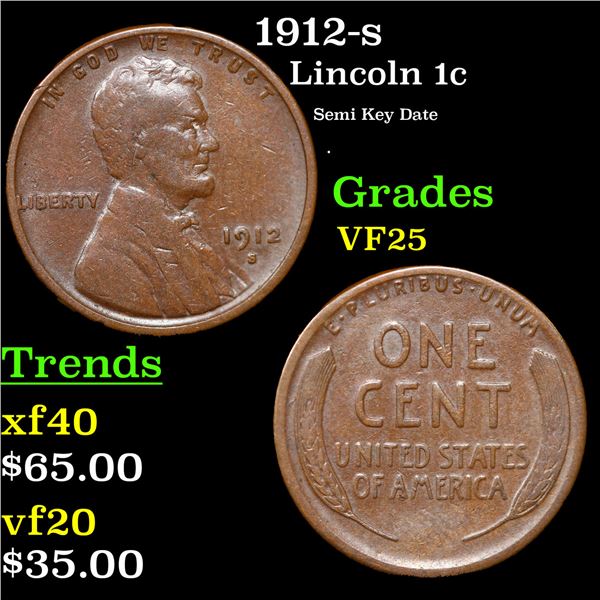 1912-s Lincoln Cent 1c Grades vf+