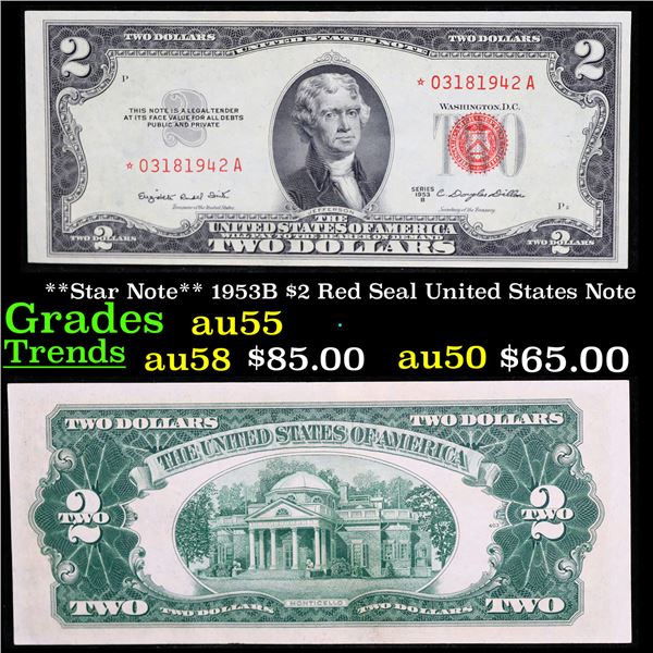 **Star Note** 1953B $2 Red Seal United States Note Grades Choice AU