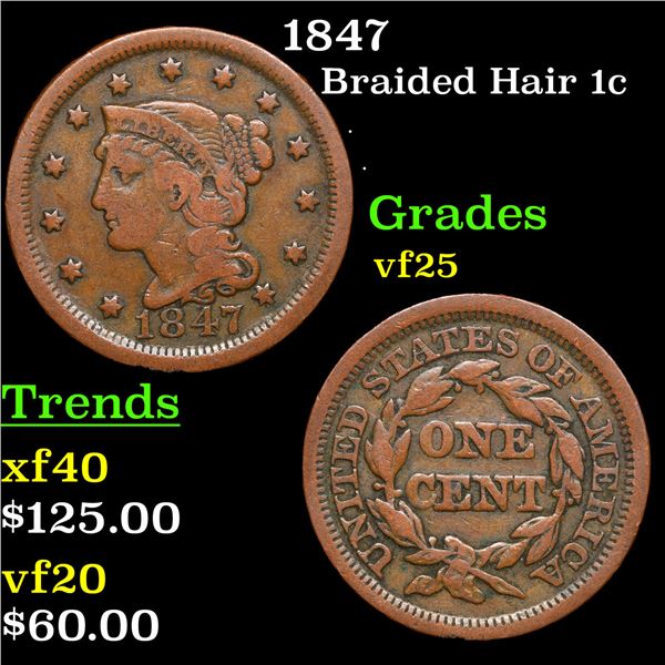 1847 Braided Hair Large Cent 1c Grades vf+