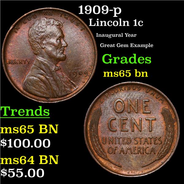 1909-p Lincoln Cent 1c Grades GEM Unc BN