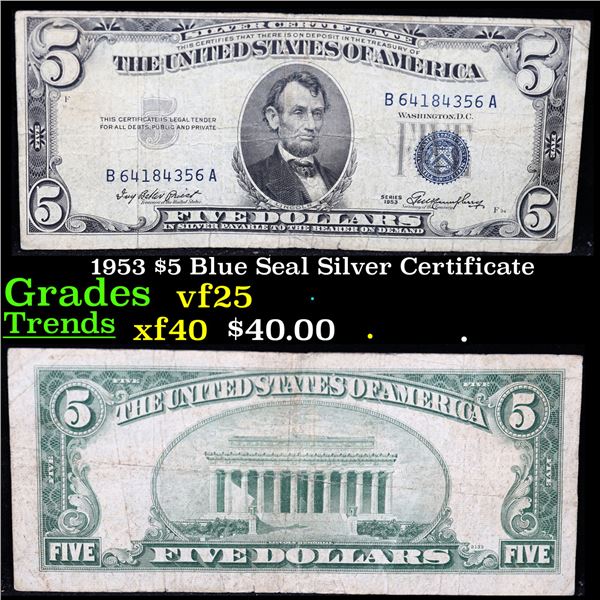 1953 $5 Blue Seal Silver Certificate Grades vf+