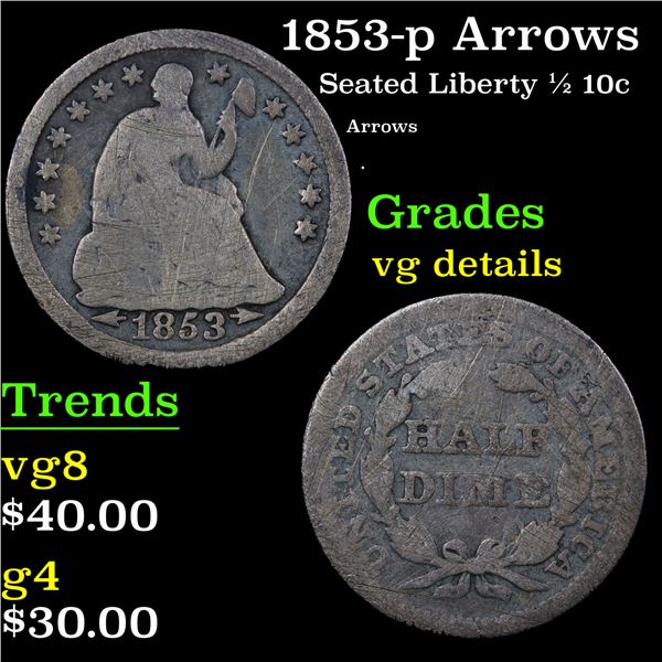 1853-p Arrows Seated Liberty Half Dime 1/2 10c Grades vg details