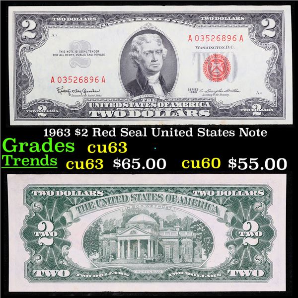 1963 $2 Red Seal United States Note Grades Select CU