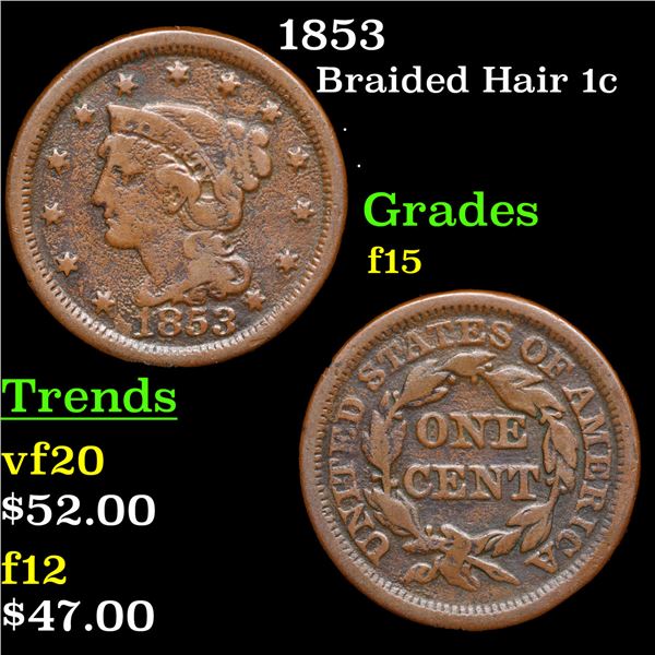1853 Braided Hair Large Cent 1c Grades f+
