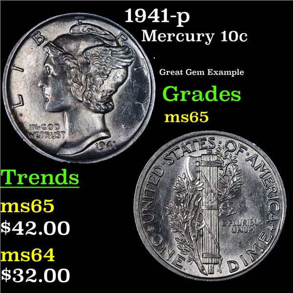 1941-p Mercury Dime 10c Grades GEM Unc