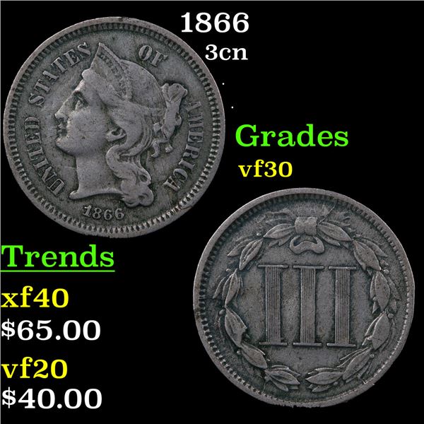 1866 Three Cent Copper Nickel 3cn Grades vf++