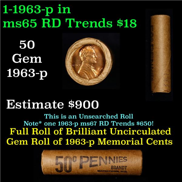 Shotgun Lincoln 1c roll, 1963-p 50 pcs Brandt Wrapper.