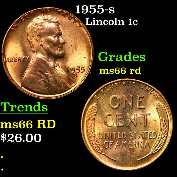 1955-s Lincoln Cent 1c Grades GEM+ Unc RD
