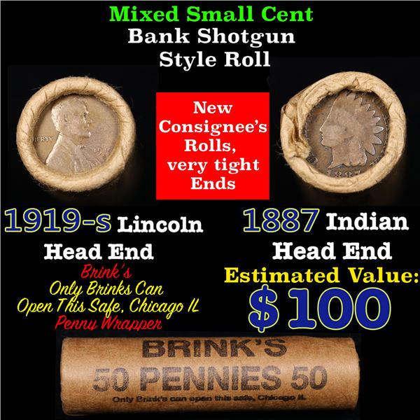 Mixed small cents 1c orig shotgun roll, 1919-s Wheat Cent, 1887 Indian Cent other end, Brinks Wrappe
