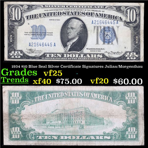 1934 $10 Blue Seal Silver Certificate Signatures Julian/Morgenthau Grades vf+