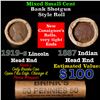 Image 1 : Mixed small cents 1c orig shotgun roll, 1919-s Wheat Cent, 1887 Indian Cent other end, Brinks Wrappe
