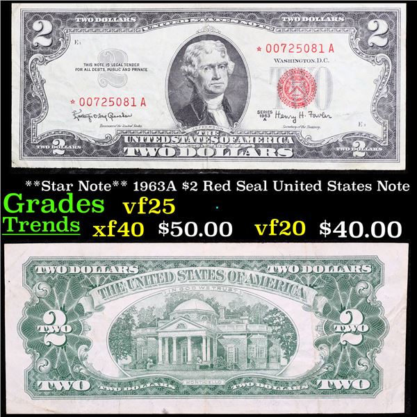 **Star Note** 1963A $2 Red Seal United States Note Grades vf+