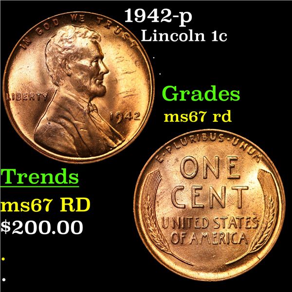 1942-p Lincoln Cent 1c Grades GEM++ Unc RD