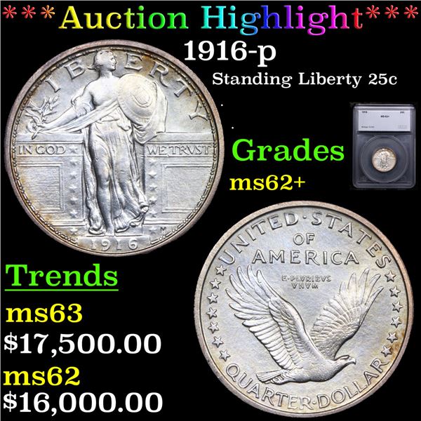 ***Auction Highlight*** 1916-p Standing Liberty Quarter 25c Graded ms62+ By SEGS (fc)