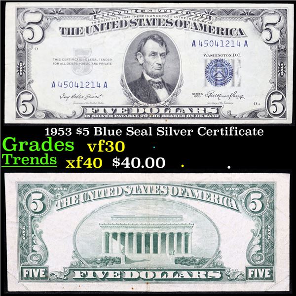 1953 $5 Blue Seal Silver Certificate Grades vf++
